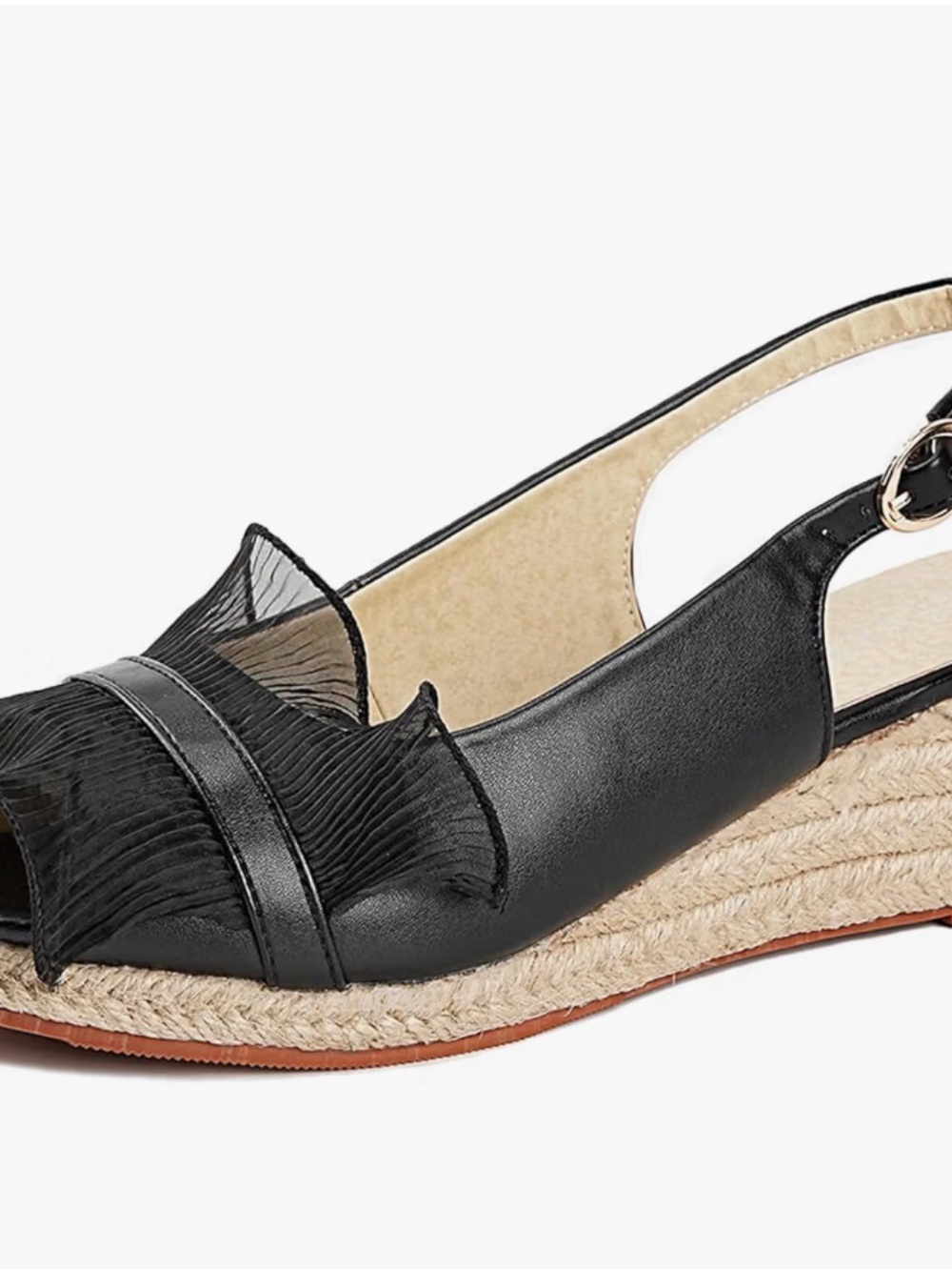 Black Peep-Toe Slingback Wedge Espadrille with Mesh Ruffle